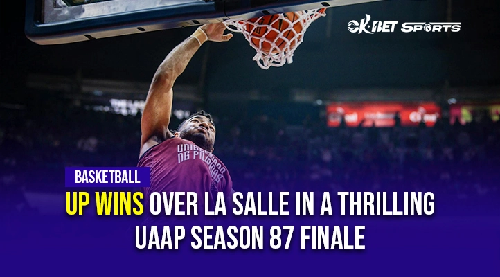 UP Image of a man dunking ball in ring with overlay text